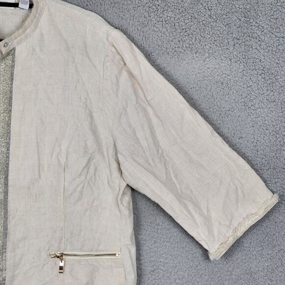 CHICOS Jacket Womens Size 2 US Large Beige Open Front 100% Linen Mandarin Collar - Picture 8 of 16